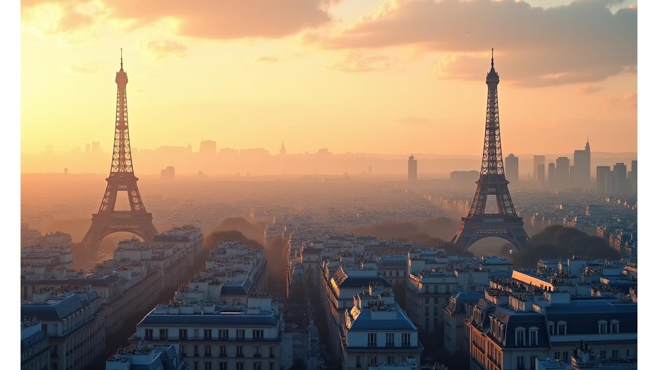 Vue panoramique de la ville de Paris au lever du soleil avec la Tour Eiffel et des bâtiments élégants, symbolisant l'héritage et la modernité d'Insightis Investissements.