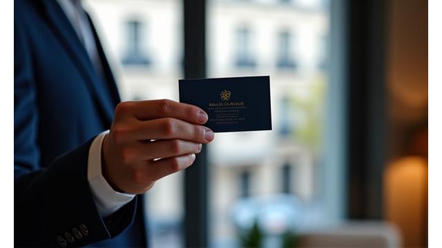 Une main tendue présentant une carte de visite Insightis Investissements sur un fond de bureau parisien flou, suggérant le contact et la confiance.
