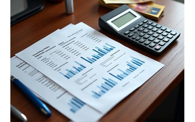 Documents financiers organisés, quelques billets et une calculatrice sur un bureau soigné, symbolisant la préparation à une consultation financière.