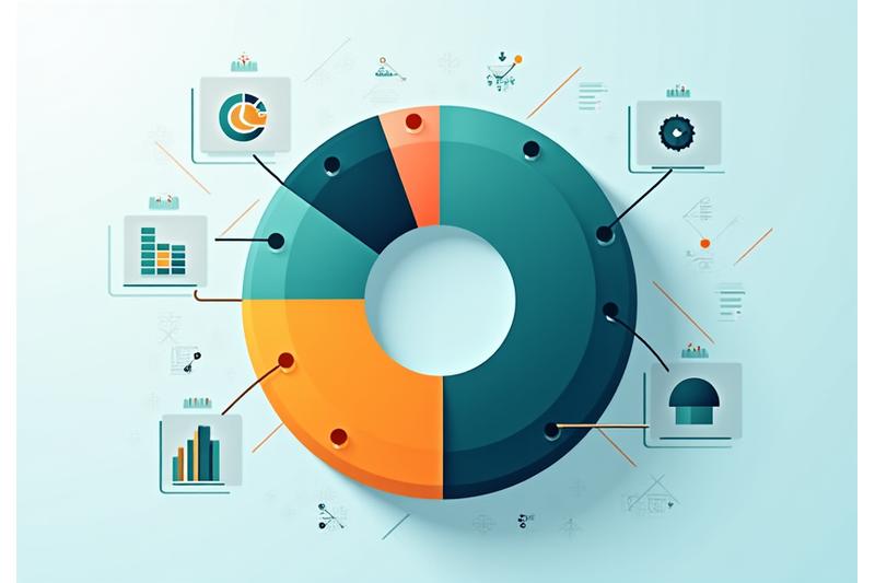 Un graphique circulaire coloré représentant l'allocation d'actifs d'un portefeuille diversifié, avec différentes sections et pourcentages indiquant des catégories d'actifs comme les actions, les obligations et l'immobilier, sur un fond stylisé abstrait d'éléments géométriques financiers.