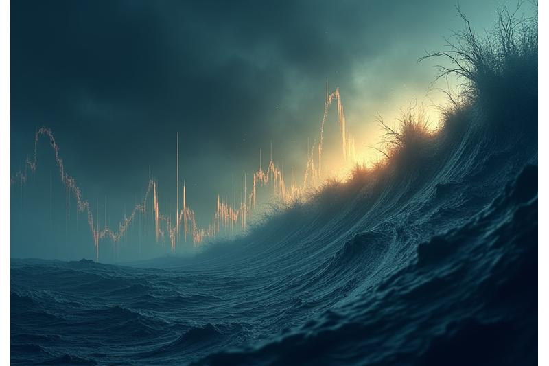 Un concept visuel représentant la résilience face aux crises, potentiellement un graphique financier montrant une forte baisse suivie d'une reprise contrôlée, ou des éléments symbolisant la stabilité et la planification en temps de turbulence, avec des flèches et des lignes directrices pour montrer un chemin clair.