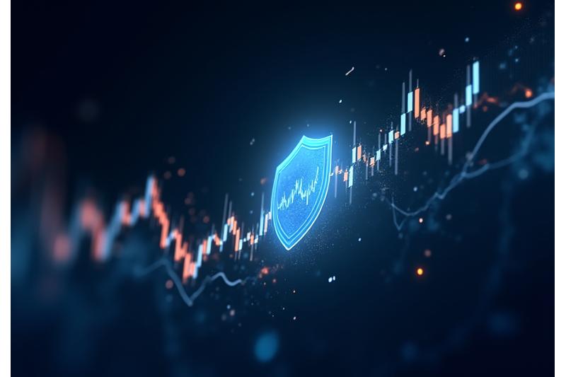 Un graphique boursier avec des lignes sinueuses représentant la volatilité du marché, superposé à un bouclier ou une barrière de protection, symbolisant la conservation du capital. Les couleurs reflètent le thème de la surveillance financière et la sécurité. 