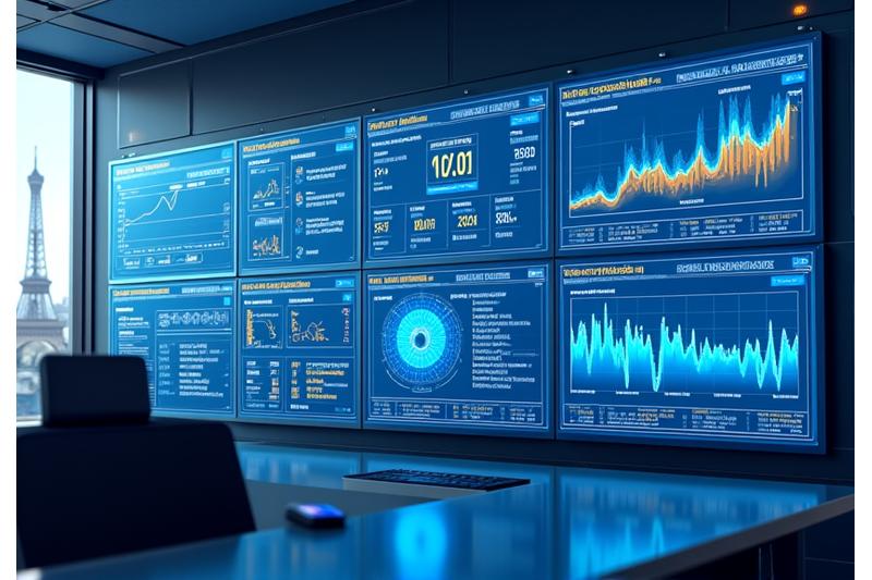 Graphique illustrant l'analyse de données financières avec des lignes de tendance et des points de données, représentant la Value at Risk et autres indicateurs de risque sur un tableau de bord moderne.