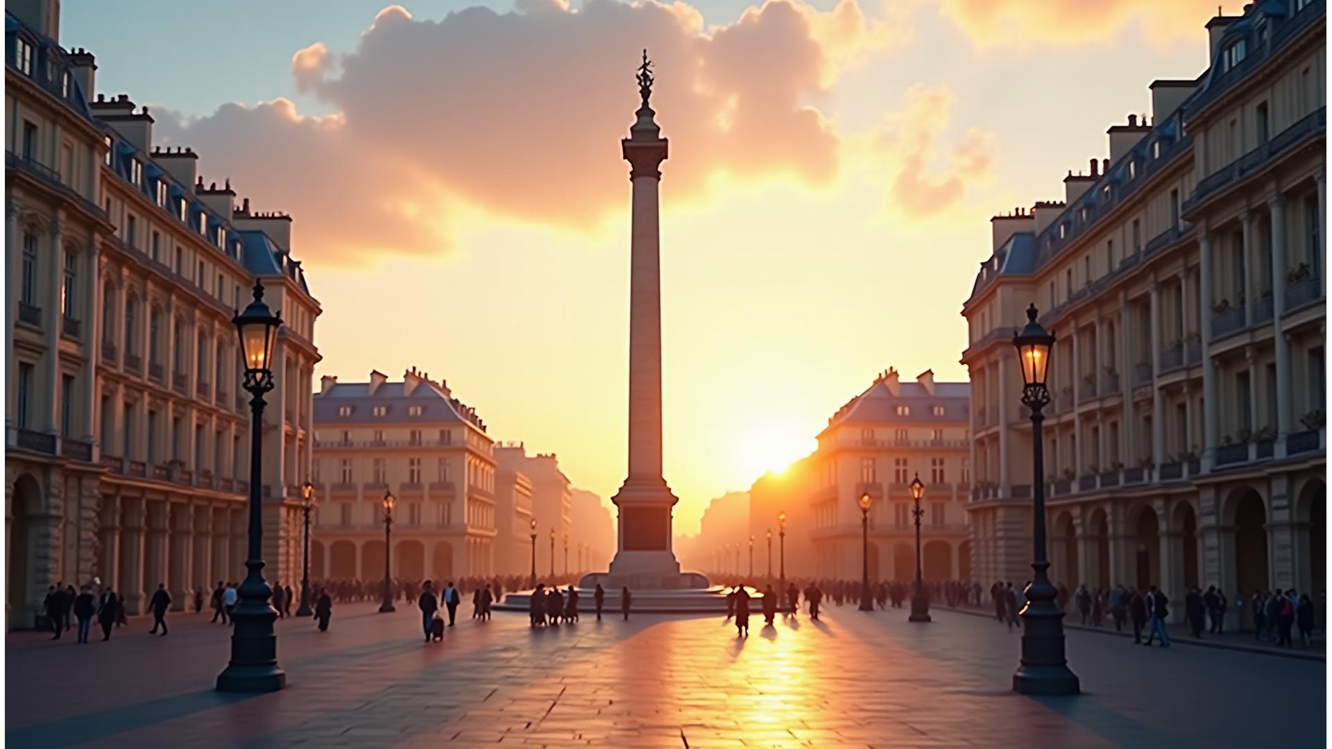 Vue élégante de Paris, avec la Place Vendôme au lever du soleil, symbolisant l'apogée du patrimoine et de l'investissement haut de gamme
