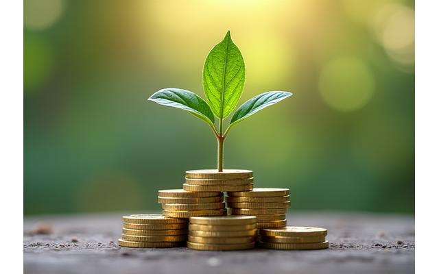 Main tenant une petite plante verte poussant à partir de pièces de monnaie, symbolisant la croissance durable des investissements ESG