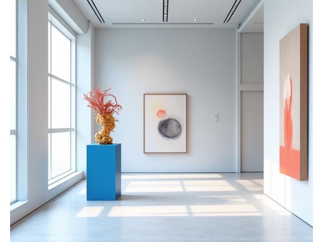 Une sculpture moderne et une peinture abstraite dans une galerie d'art épurée, symbolisant l'investissement dans l'art et les objets de collection.