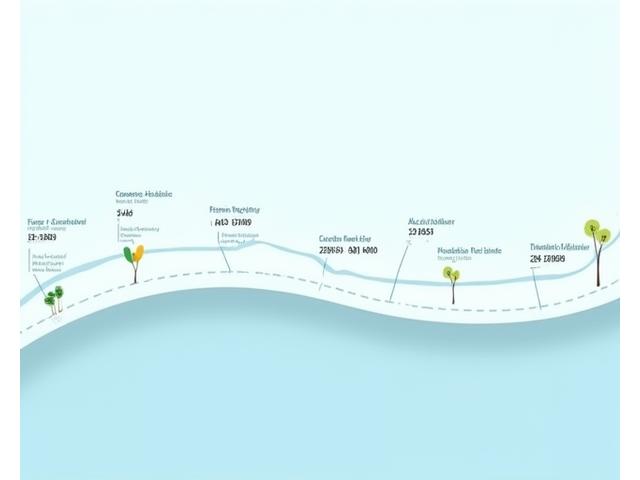 Illustration d'une timeline financière avec des jalons de vie importants: études, premier emploi, mariage, achat immobilier, enfants, planification retraite, et transmission de patrimoine, le tout symbolisant la planification à long terme et l'avenir.