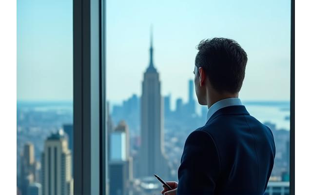 Cadre dirigeant devant une vue urbaine, symbolisant les défis et opportunités de leur situation financière.