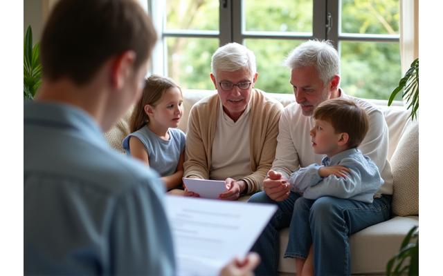 Famille multigénérationnelle discutant, symbolisant la transmission de patrimoine et la planification à long terme.