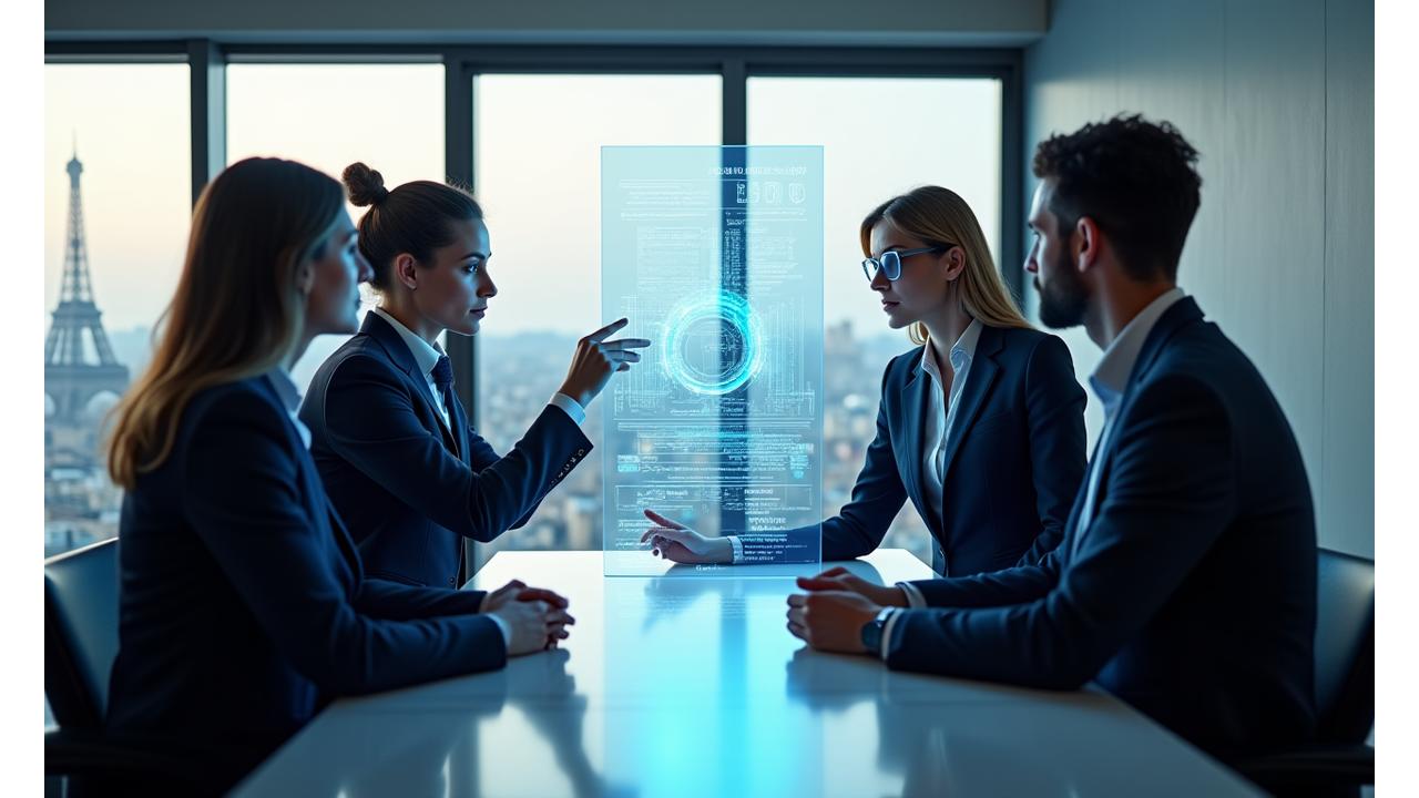 Illustration d'une équipe de professionnels discutant de tableaux de données financières, symbolisant le conseil en finance d'entreprise et la structuration du capital.